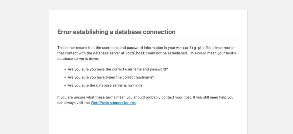 WordPress error establishing a database connection screen after a migration