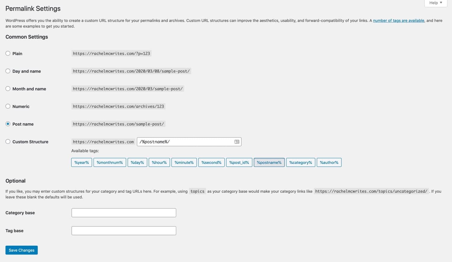 WordPress Settings Permalinks screen used to regenerate rewrite rules for a case studies post type