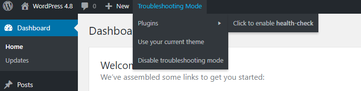 Health Check Troubleshooting Mode active in the WordPress admin
