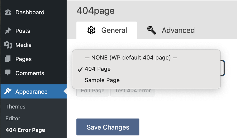 Smart Custom 404 Error Page settings screen for choosing a WordPress 404 page