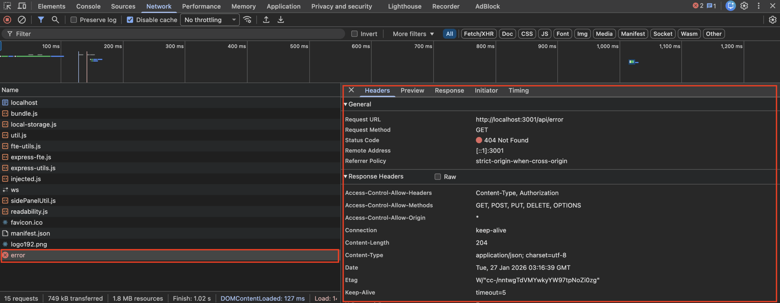 Browser Network tab confirming a custom WordPress 404 page returns status 404