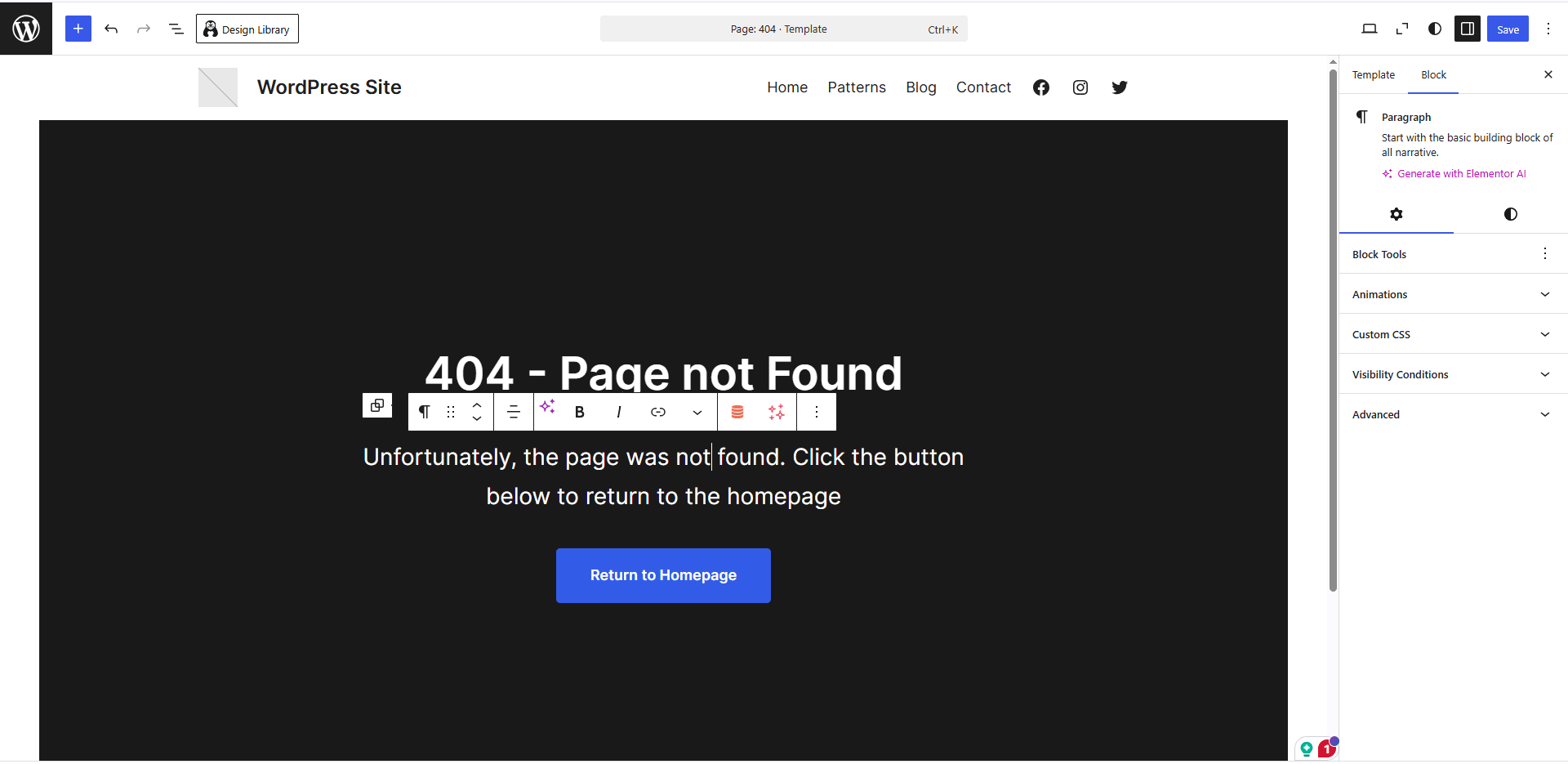 WordPress Site Editor showing the 404 template open for editing