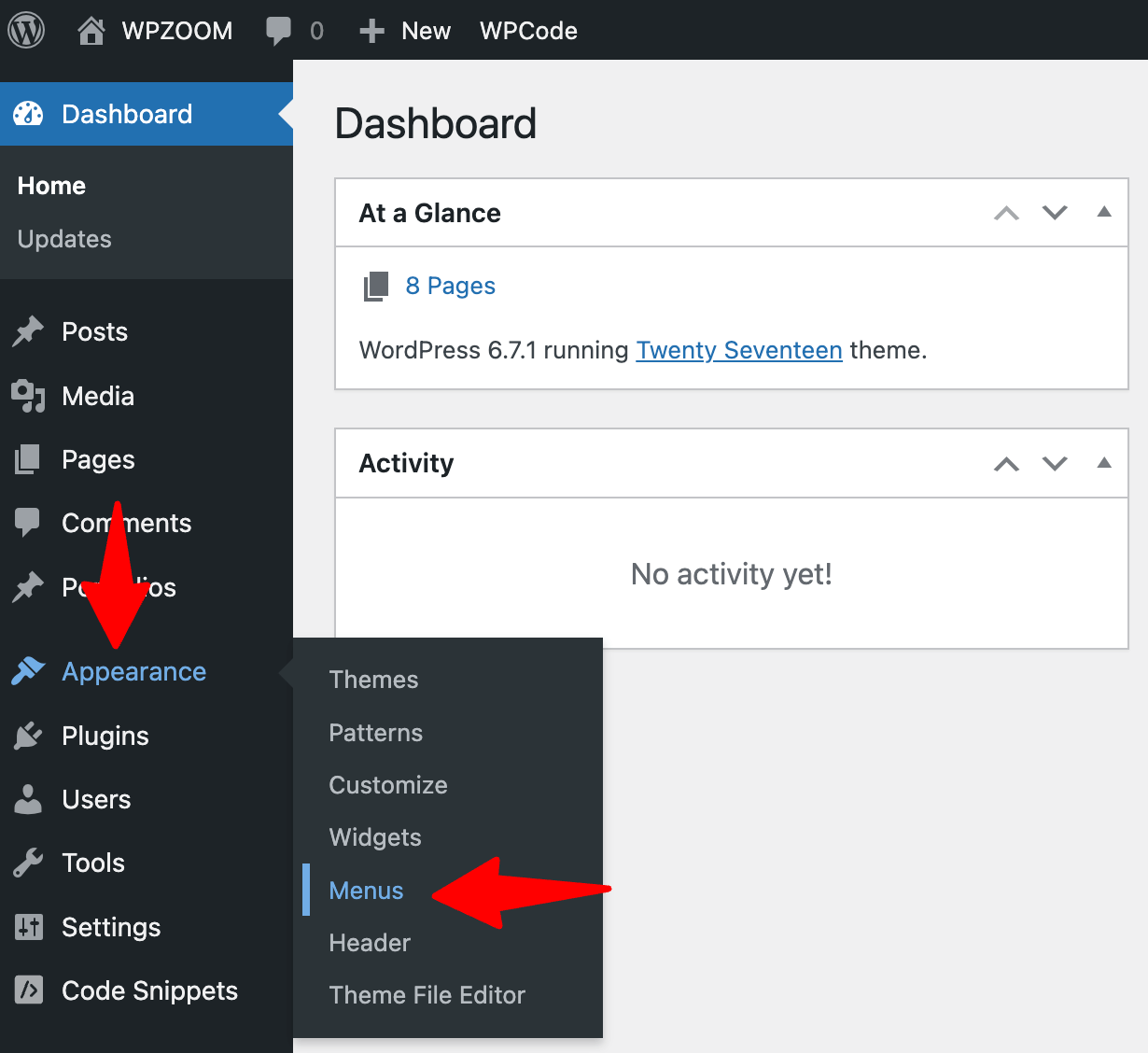WordPress Appearance menu showing the Editor item used to identify a block theme