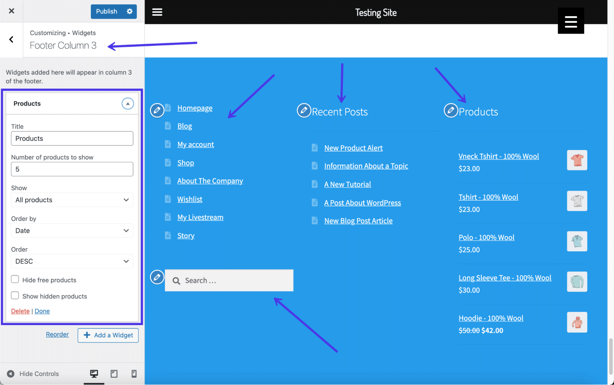 WordPress Widgets screen showing footer widget areas on a classic theme