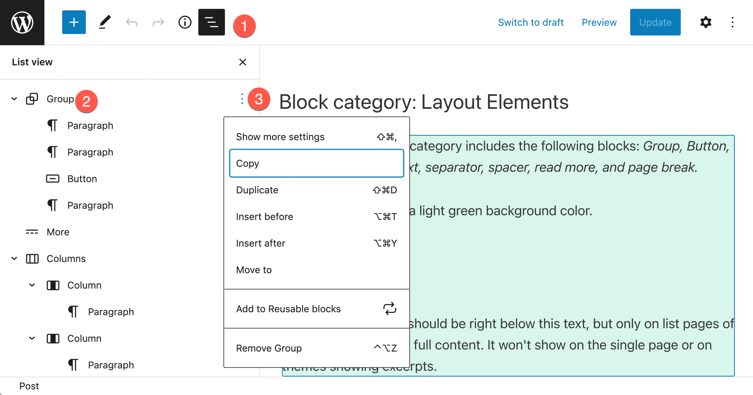 List View in the WordPress block editor showing nested groups and columns