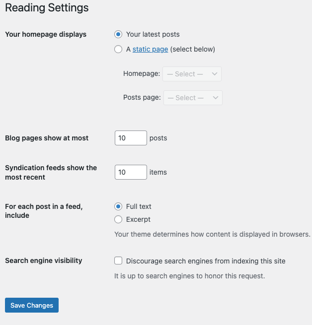 WordPress Settings Reading screen showing the homepage displays option