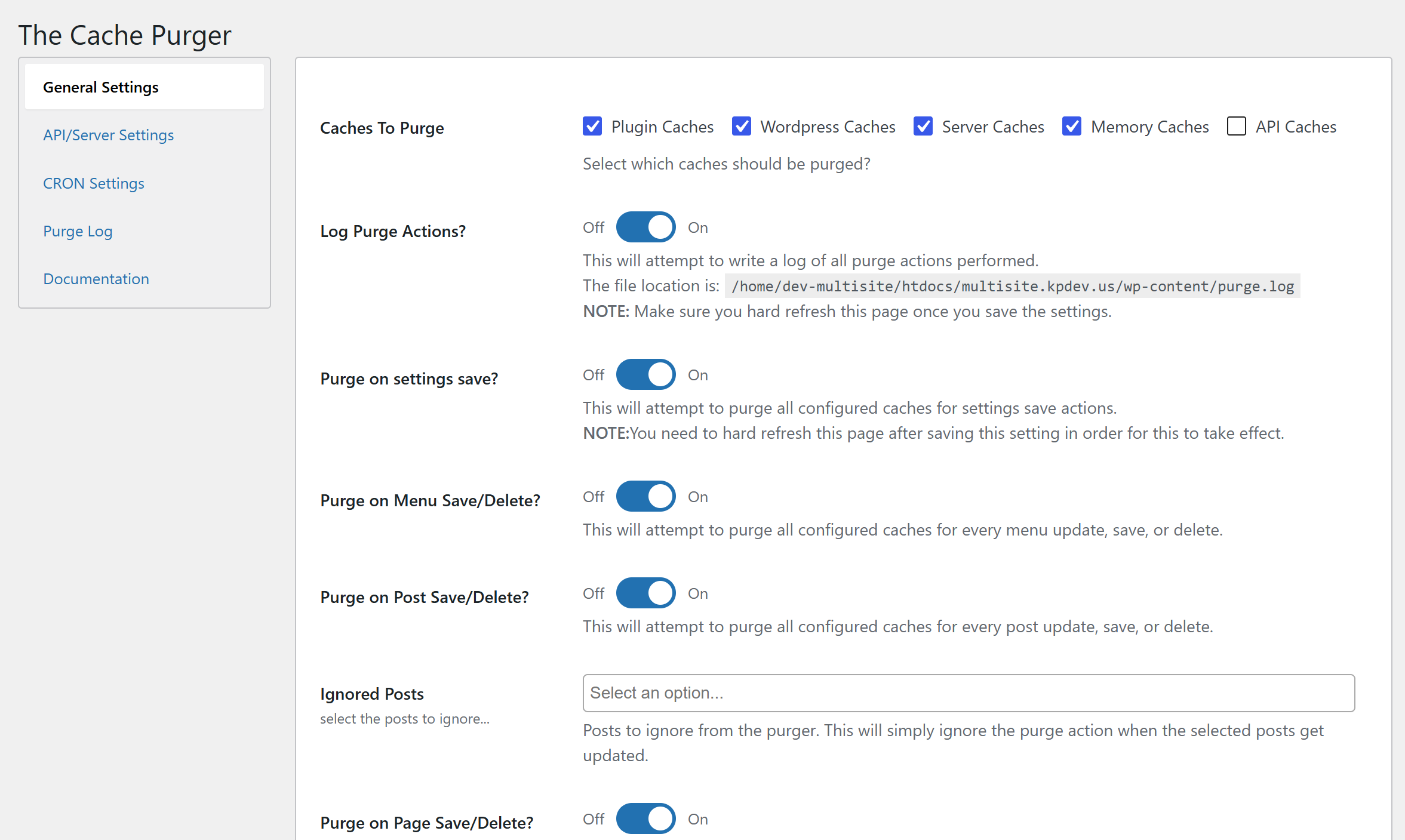 WordPress caching plugin settings screen with the purge cache option
