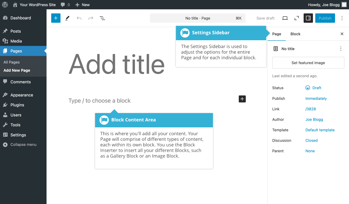 Adding a page in WordPress block editor with the page settings sidebar open