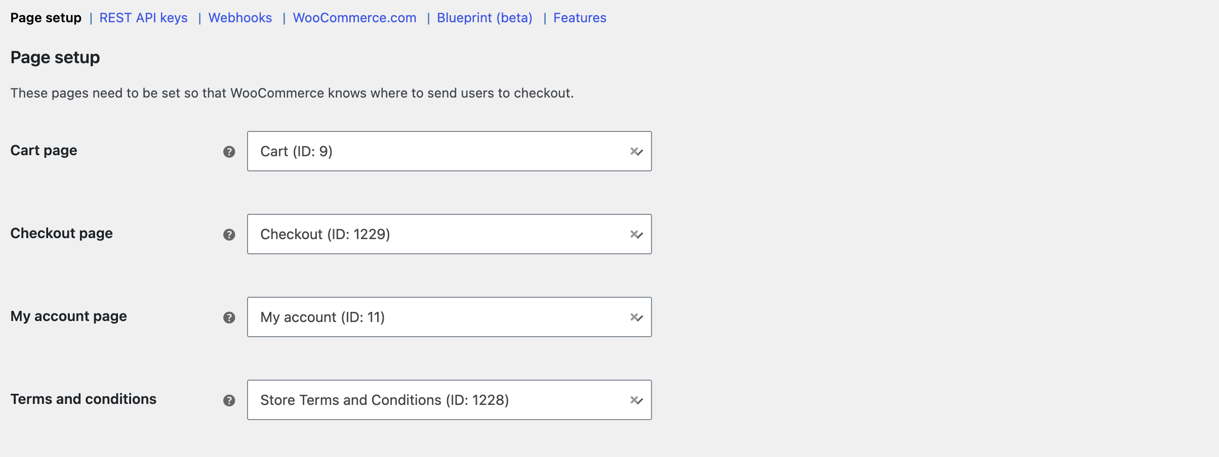 WooCommerce Page setup settings assigning cart and checkout pages in WordPress