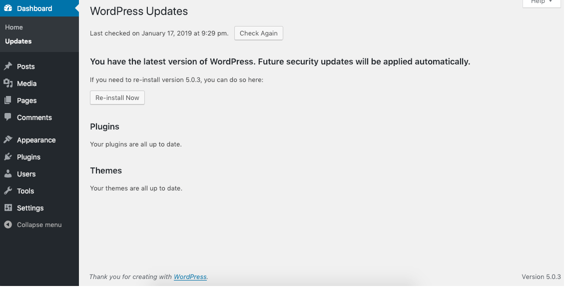 WordPress Dashboard Updates screen showing the installed WordPress version