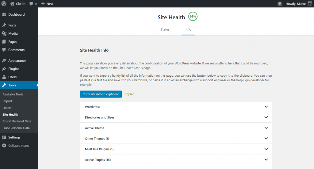 WordPress Site Health Info tab showing the WordPress version