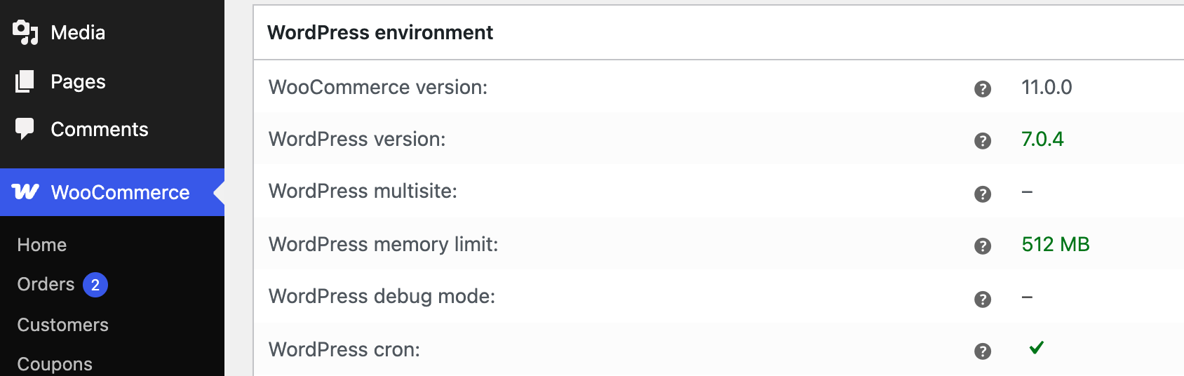 WooCommerce Status report showing the WordPress version under WordPress environment