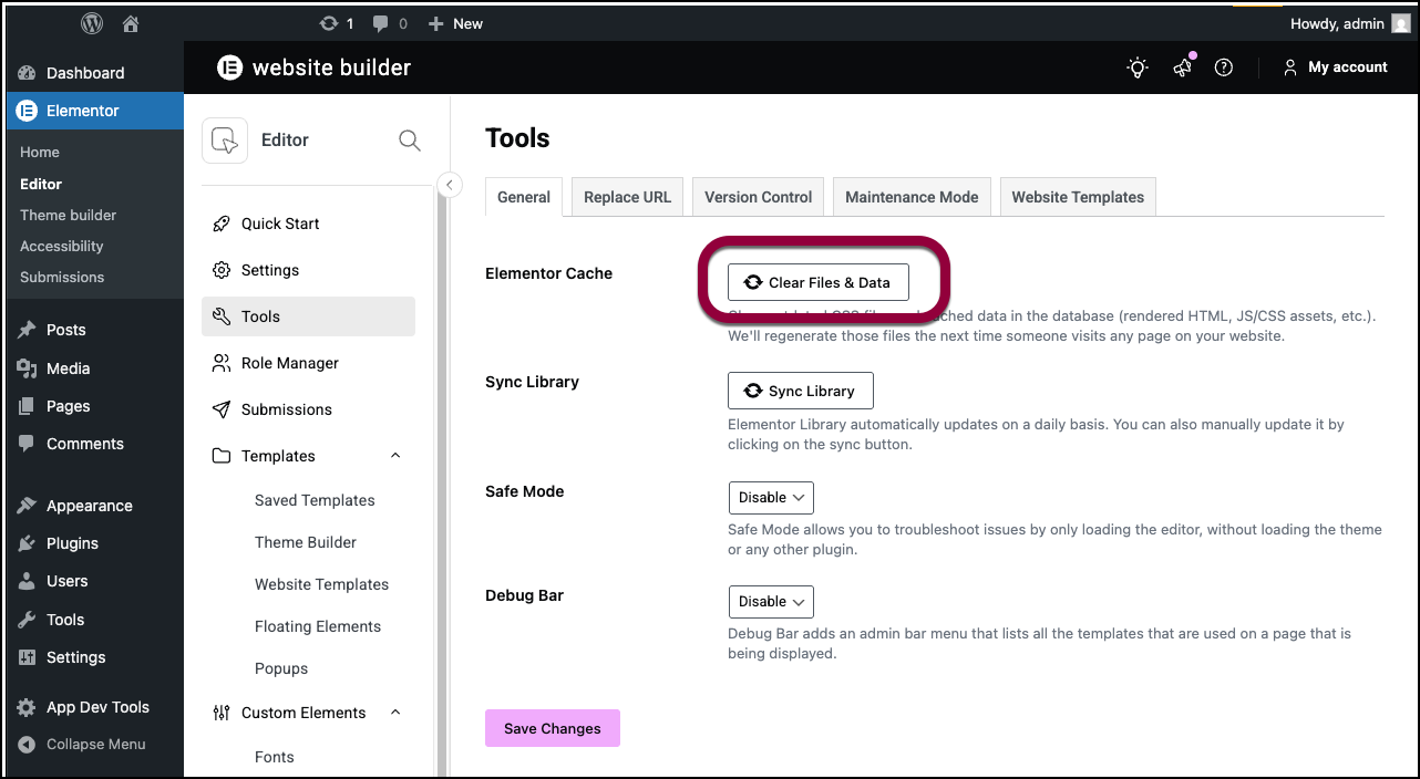 Elementor Tools screen with Clear Files and Data for homepage changes not showing