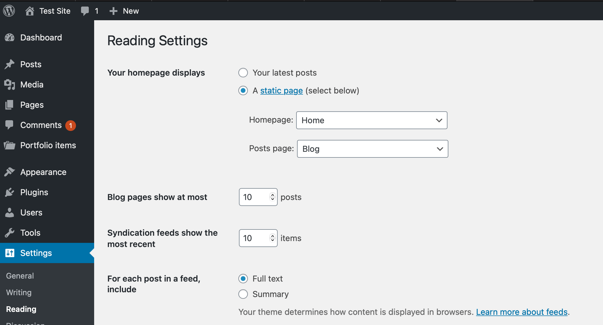 WordPress Settings Reading screen for choosing a static homepage