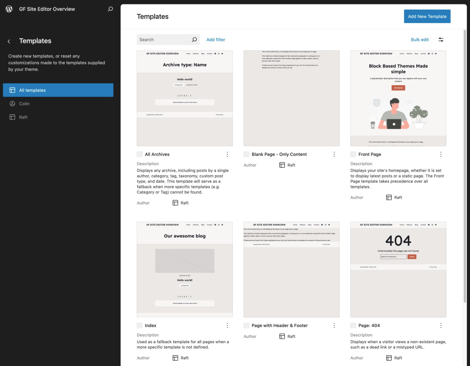 WordPress Site Editor templates list with the Front Page homepage template