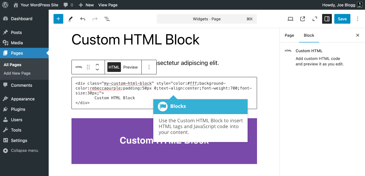 Custom HTML block with markup in the WordPress block editor