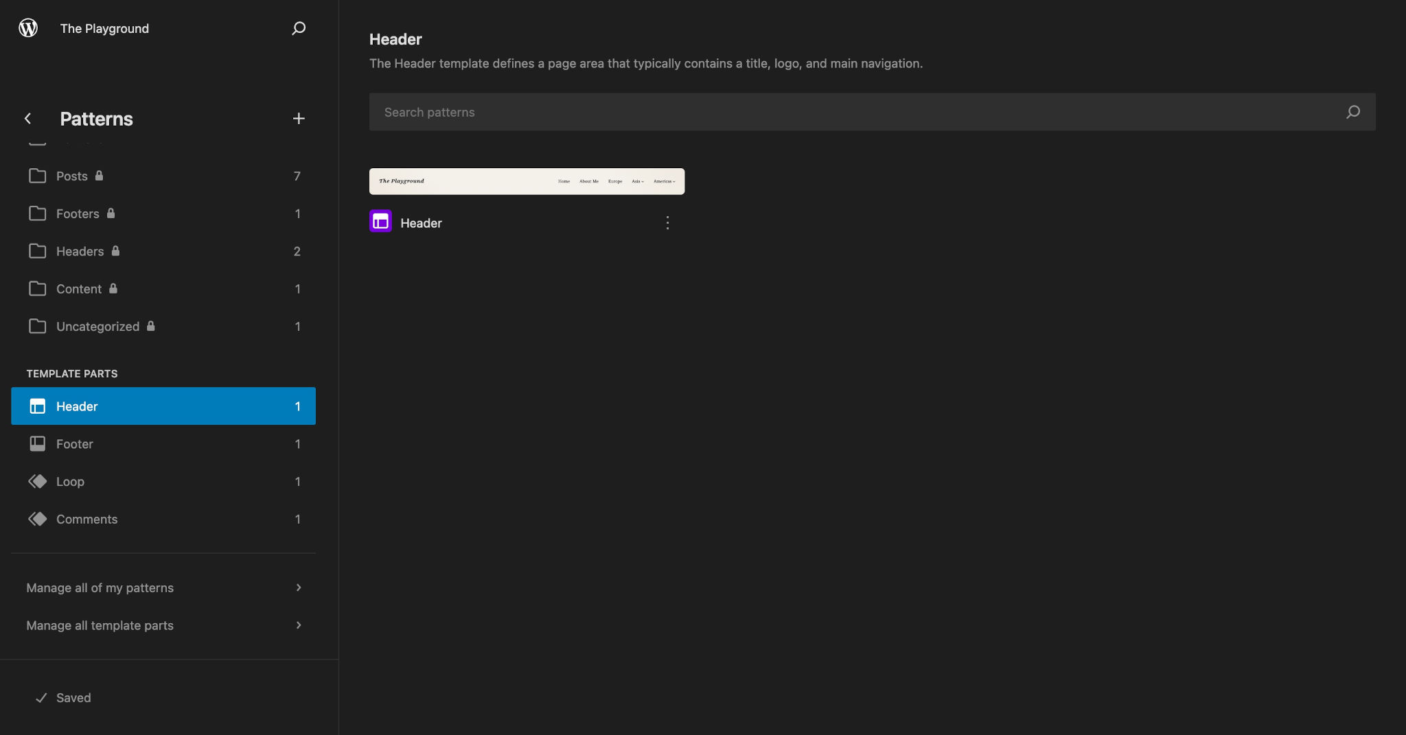 WordPress Site Editor listing header and footer template parts for HTML edits