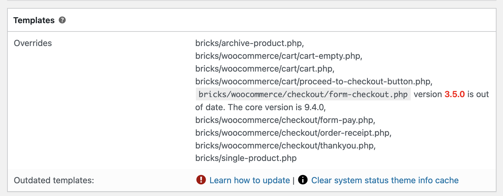 WooCommerce System Status Templates section flagging outdated theme overrides after a theme update