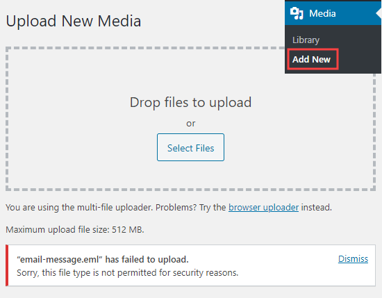 WordPress upload error for a fake JPEG file saying the file type is not permitted