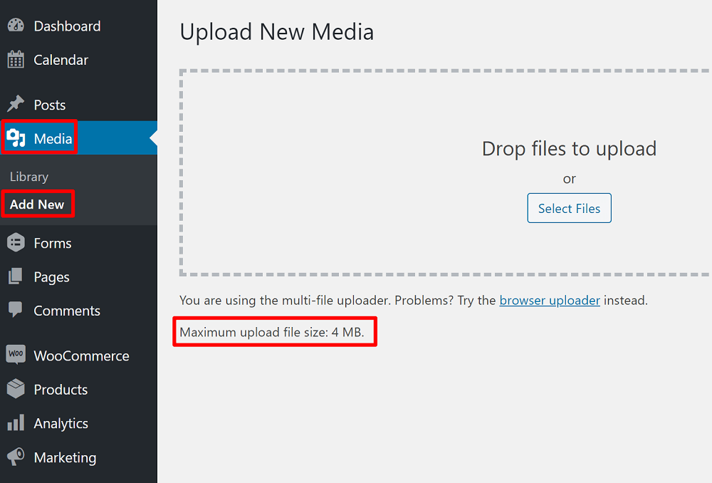 WordPress Media Add New screen showing the maximum upload file size for JPEG uploads