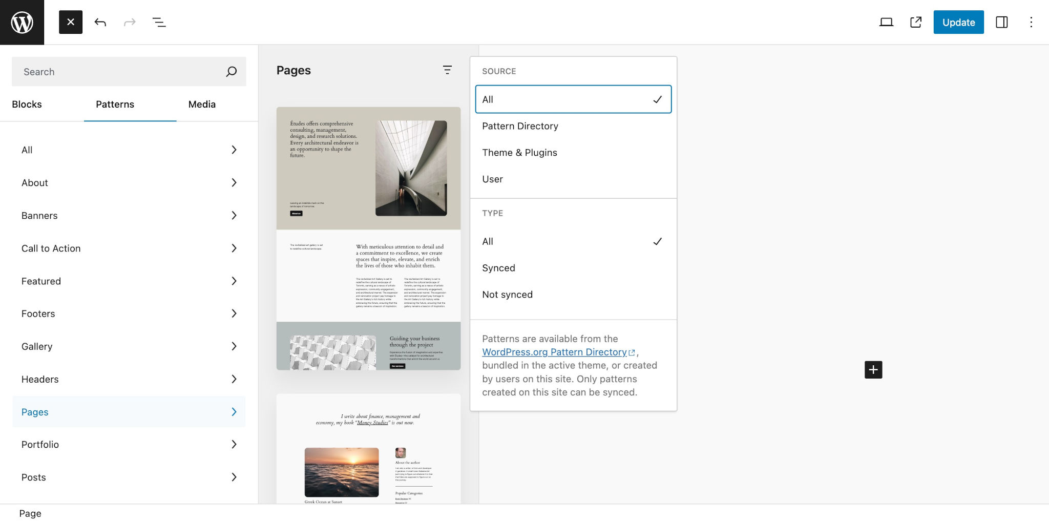 WordPress block inserter open on the Patterns tab while building a landing page