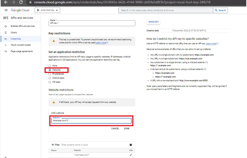 Google Cloud API key referrer restrictions for a WordPress map plugin