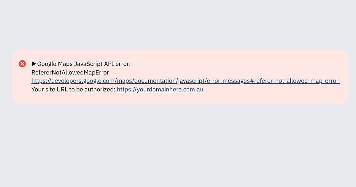 Browser console showing a Google Maps error on a WordPress map widget