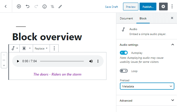 WordPress block editor with an audio block inserted into a post