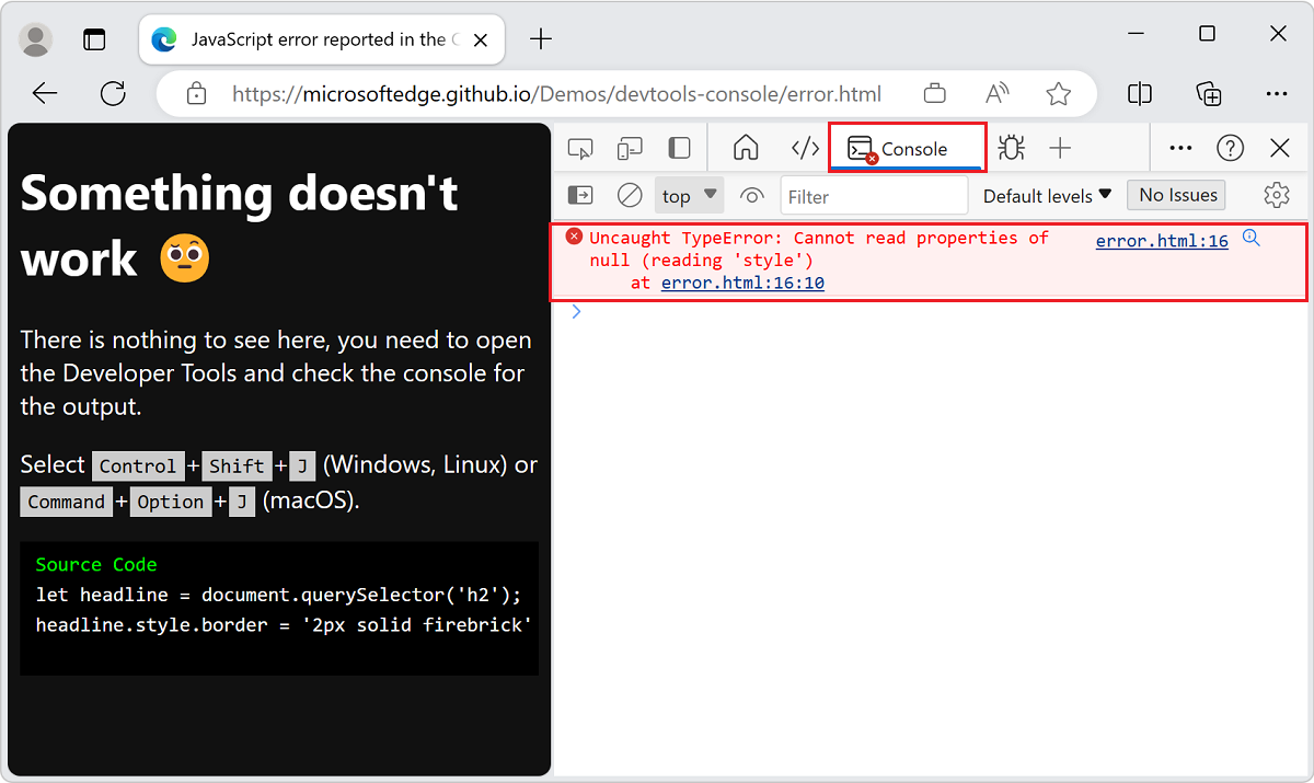 Browser console showing a JavaScript error while debugging an audio player