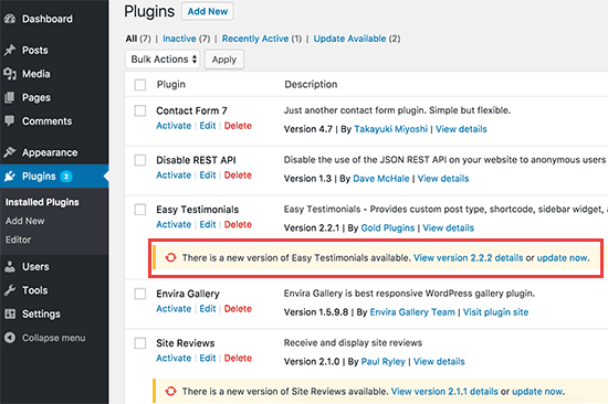 WordPress Plugins screen showing an available plugin update