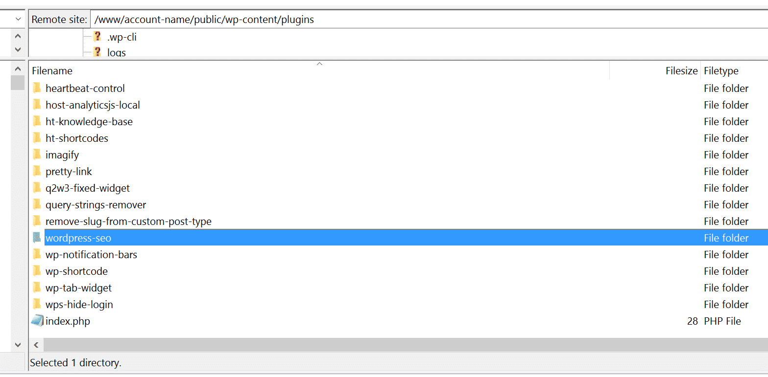 SFTP file manager showing the wp-content plugins folder for renaming