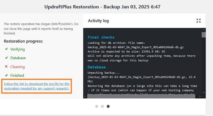 WordPress backup plugin log showing backup and restore status