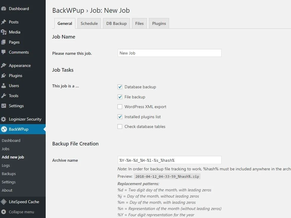 Website backup plugin settings in WordPress admin showing files and database options