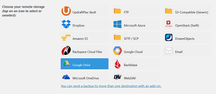 Remote storage options in a WordPress website backup plugin