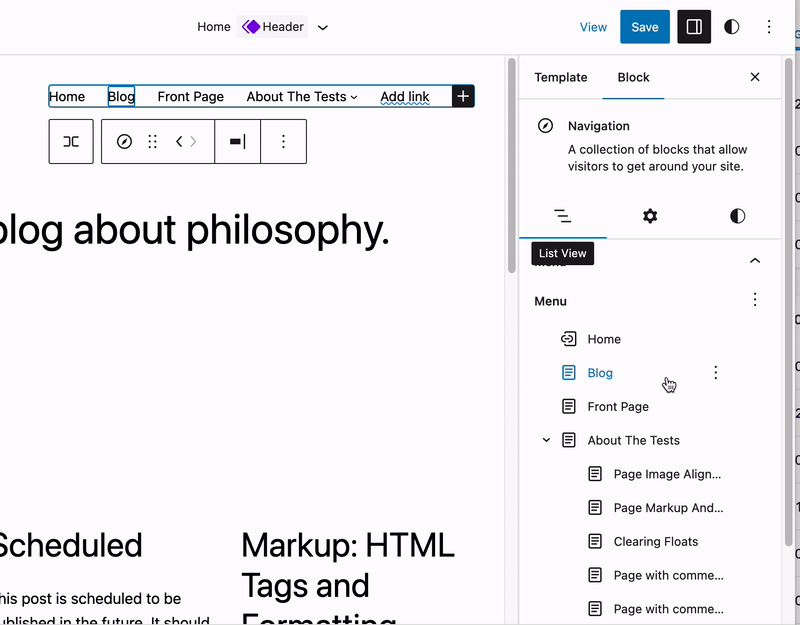 Navigation block selected in the WordPress Site Editor with submenu items