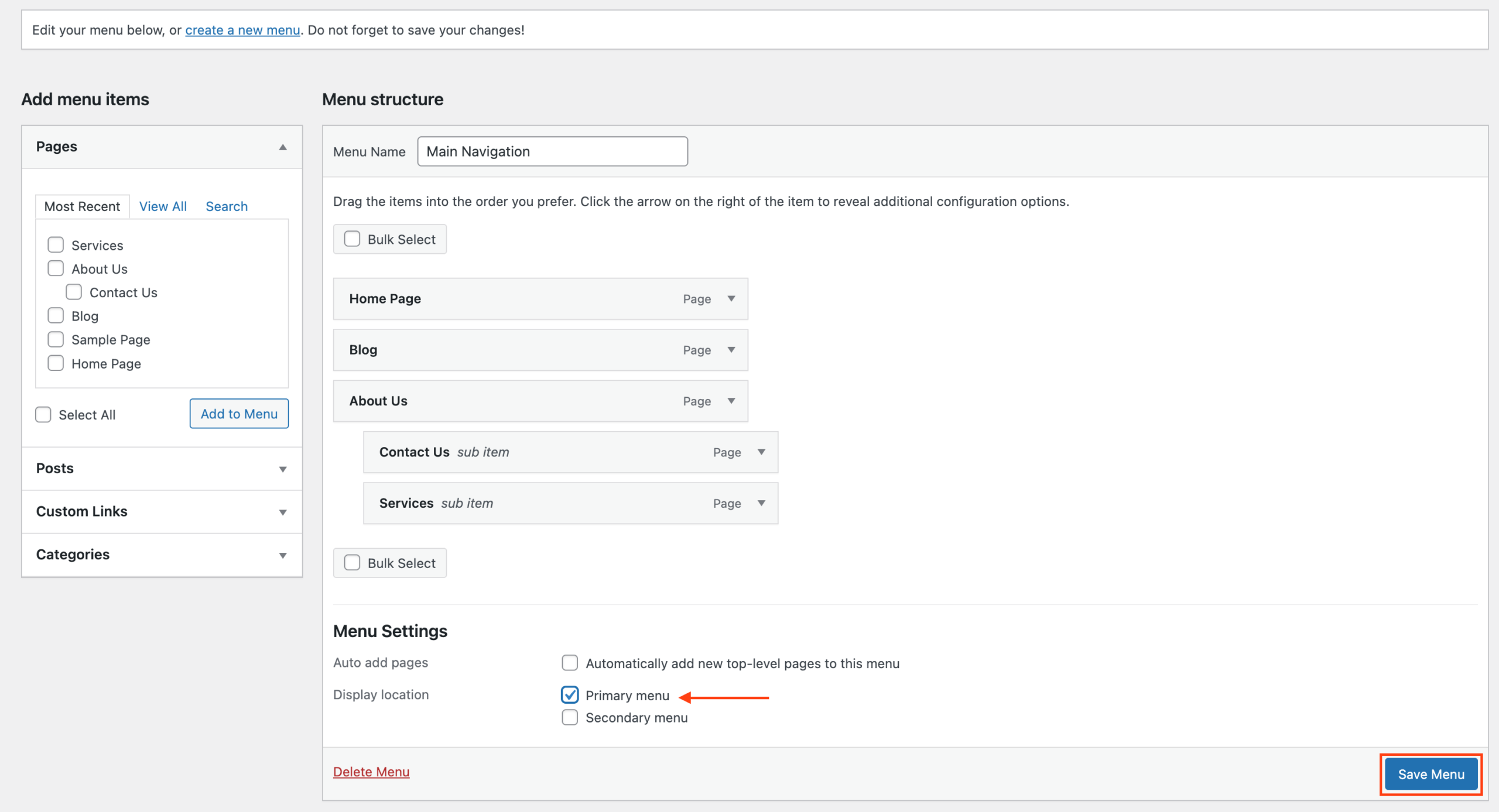 WordPress Appearance Menus screen with a nested sub item forming a drop down list