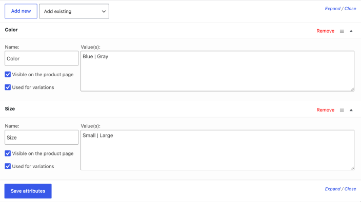 WooCommerce attribute settings with the Used for variations checkbox ticked