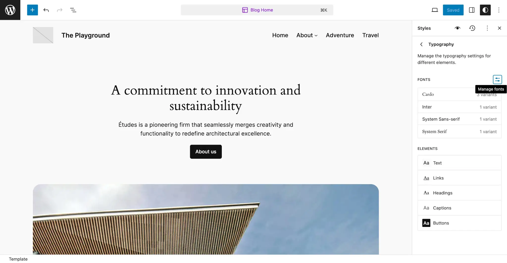 WordPress Site Editor Styles panel open on the Typography settings