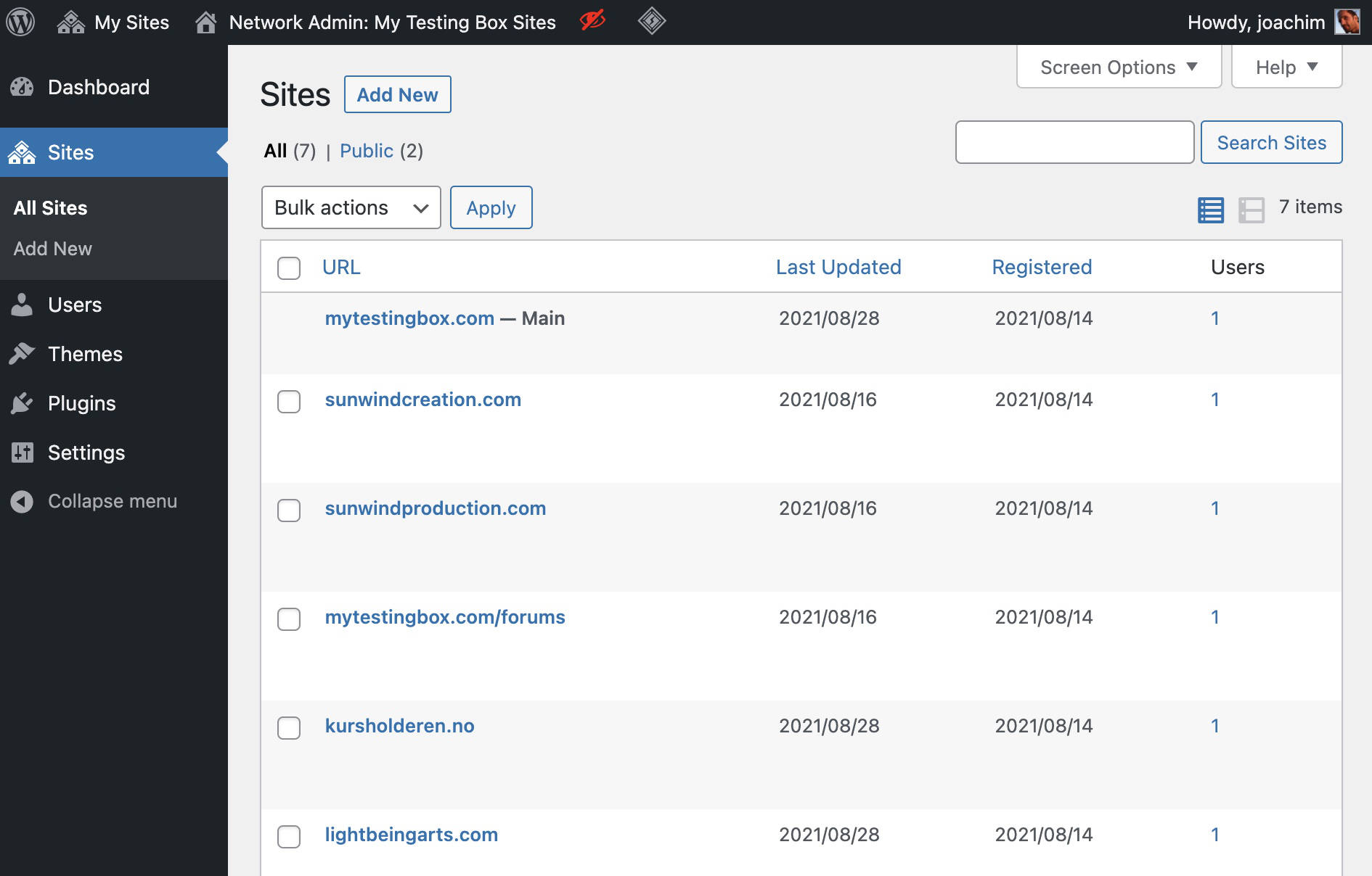 Network Admin sites list in a WordPress multisite installation