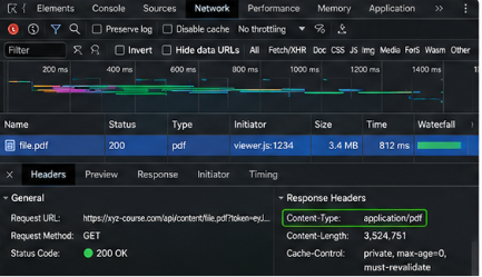 Browser Network panel showing a PDF response with Content-Type application/pdf for WordPress PDF embedding