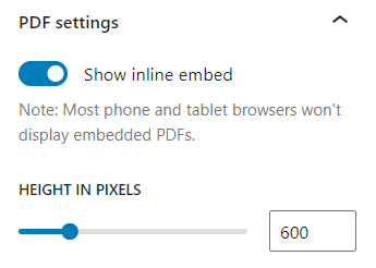 WordPress File block settings with Show inline embed turned on for a PDF