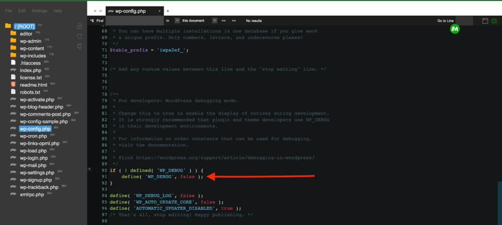 wp-config.php open in an editor with WP_DEBUG lines added to diagnose a WordPress white screen