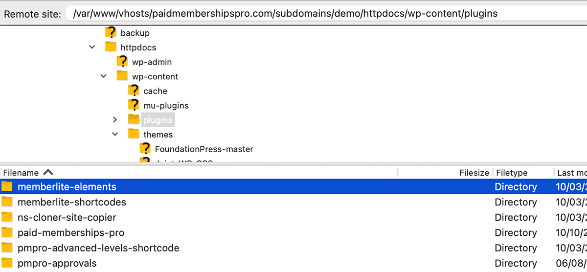 The wp-content/plugins folder in an SFTP client, used to isolate a WordPress white screen