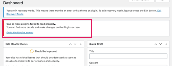 WordPress recovery mode notice after a white screen fatal error