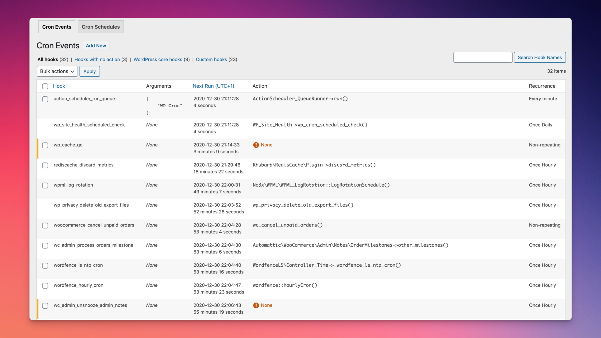 WP Crontrol cron events list used to check autoblogging imports