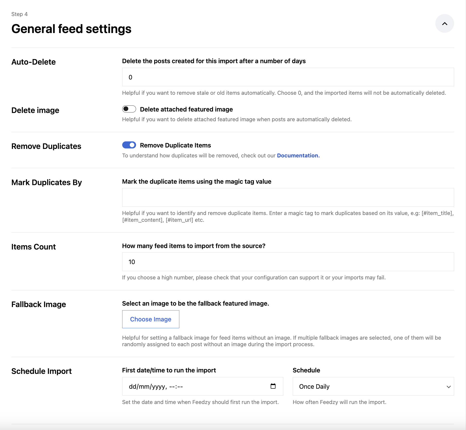 Feed-to-post autoblogging import settings in WordPress admin