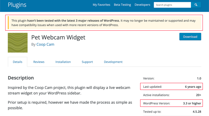 WordPress.org autoblogging plugin page with a not-tested warning