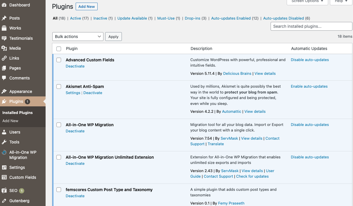 WordPress admin Plugins screen listing installed plugins with active and inactive filters