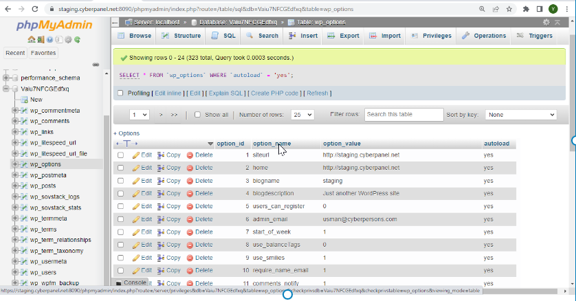 phpMyAdmin showing the WordPress wp_options table where the recently_activated row is stored