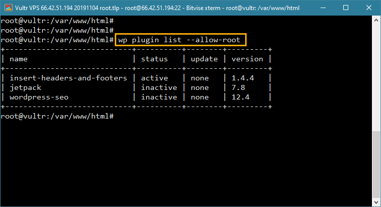 Terminal output of the wp plugin list WP-CLI command showing plugin status and version columns